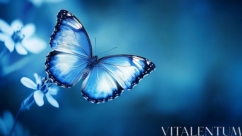Blue morpho butterfly in cool-toned shallow depth of field.