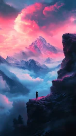 Solitary dreamer walks beneath neon-kissed mountain dawn