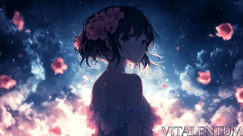 Moonlit anime girl stands amid glowing clouds and petals