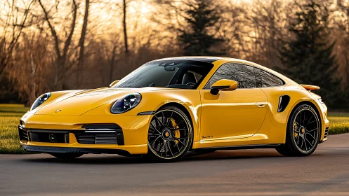 Yellow sports coupe parked on road at sunset in profile