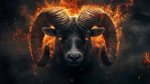 Inferno-horned ram emerging from a blazing midnight halo.
