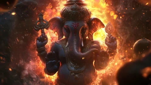Ganesha deity rendered in fiery cinematic 3D illumination