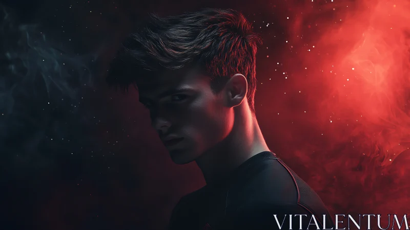 Midnight portrait in red nebula glow and soft starlight haze.