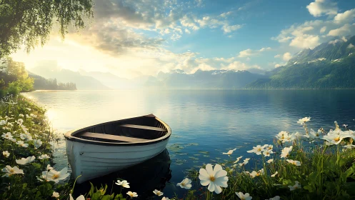 Sunlit rowboat rests on alpine lake amid luminous wildflowers
