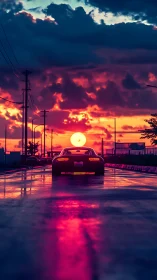 Midnight coupe chases a neon sun down a mirror-wet road