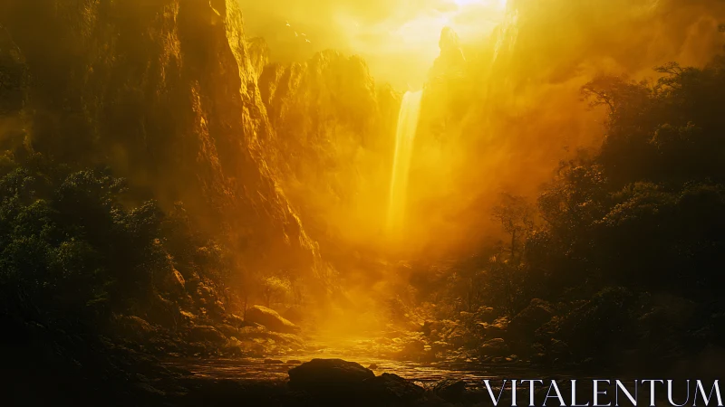 Golden cascade in misty canyon with radiant backlighting.