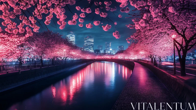 Neon-lit cherry blossom river glows beneath a futuristic skyline.