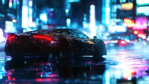 Sleek supercar glides through neon city streets in rain