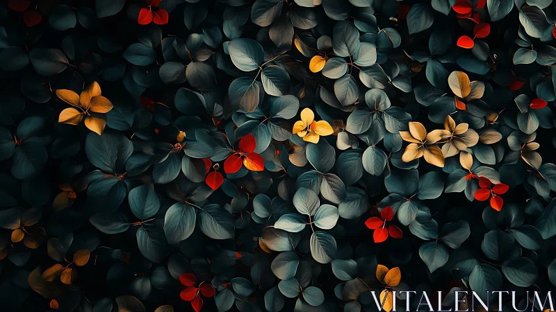 Moody foliage glows with golden and crimson accents in shadow