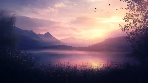 Gentle sunrise over a quiet mountain lake of soft color.