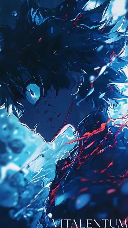 Profile view shows stylized figure with luminous blue lighting