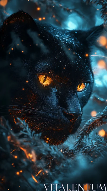 Black Cat with Glowing Eyes in Blue and Orange Light.