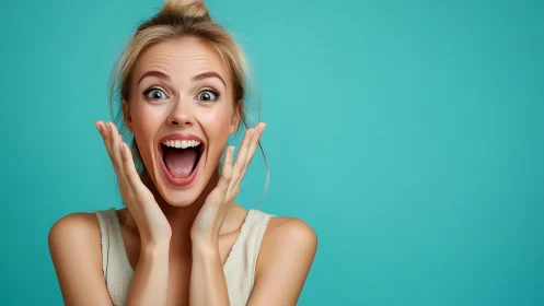 Excited Young Woman Smiling in Studio, Vibrant Modern Portrait.
