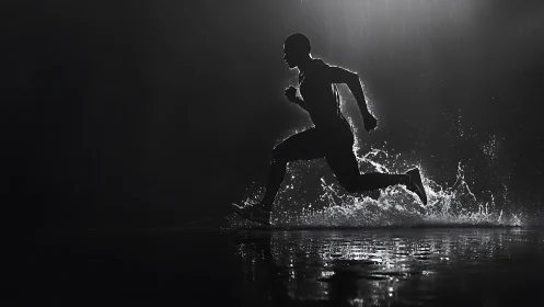 Rain-slashed runner carves lightning strides through night.
