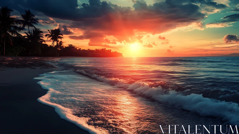 Photorealistic tropical shoreline at radiant sunset horizon.