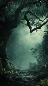 Enchanted Forest Cathedral: Ancient Trees Frame Mystical Light