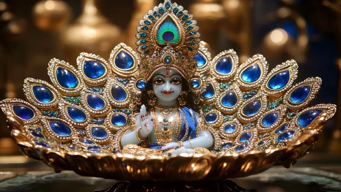 Jeweled Krishna idol with ornate blue peacock halo display.