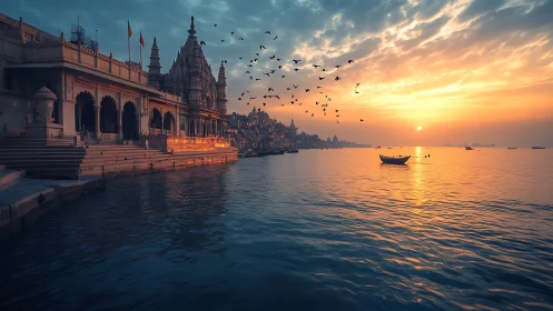 Golden river sunrise bathes ancient ghats in tranquil light