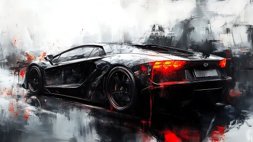 Aerodynamic black supercar in abstract kinetic rainscape.