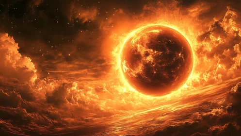 Molten sun sphere over turbulent fiery cloudscape.