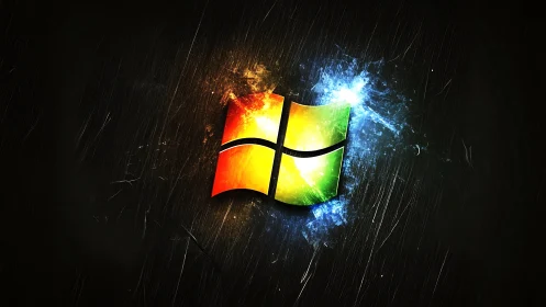 Windows style multicolor logo with fiery energy effects.