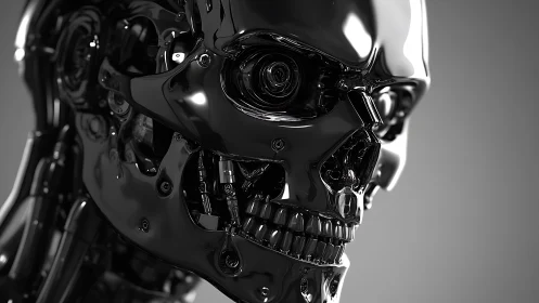 Chrome skull contemplates tomorrow in razor-sharp reflections