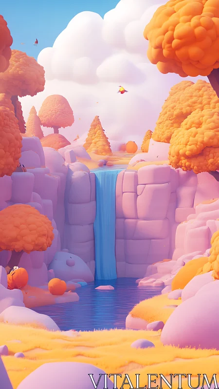 Pastel fantasy canyon waterfall under soft cotton clouds.