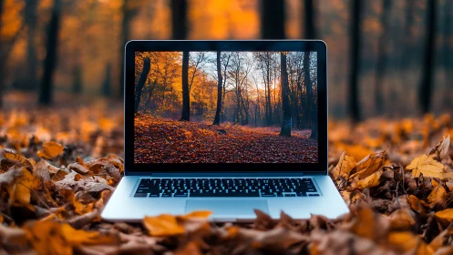 Laptop screen replicates autumn forest scene with matched depth of field