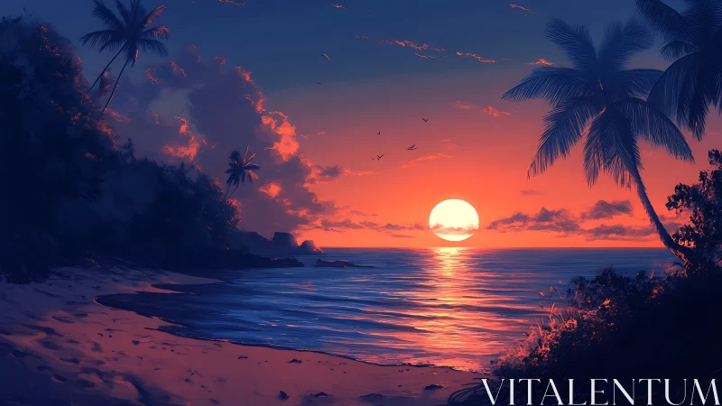Tropical shoreline sunset glows behind silhouetted palms
