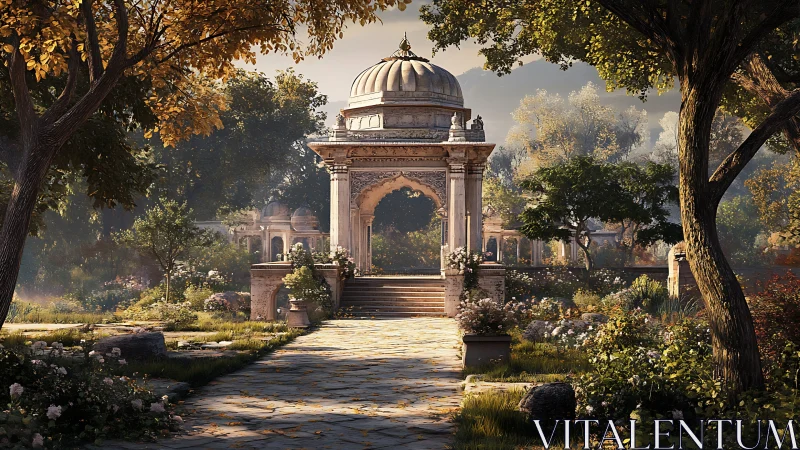 Sunlit marble pavilion in lush Mughal-style garden.