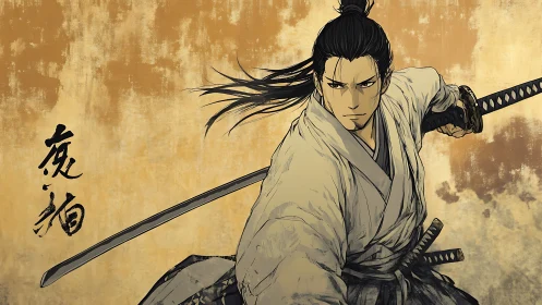 Resolute samurai lunges forward in a storm of ochre light