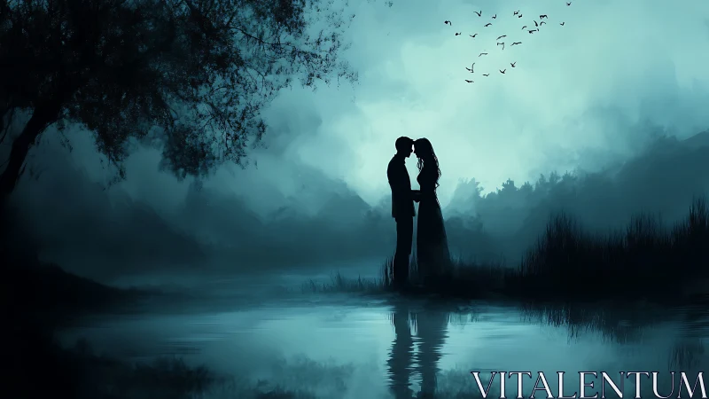Silhouetted Couple Embracing Over Misty Water with Atmospheric Depth