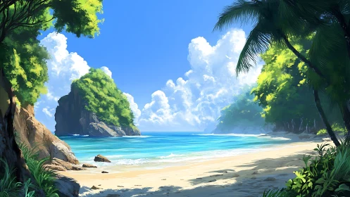 Verdant Coastal Paradise: Tropical Beach Sanctuary Beneath Cumulus Skies.