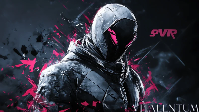 Shrouded cyber rogue stands in neon pink digital storm