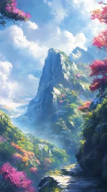 Mountain valley landscape with flowering trees and clouds.