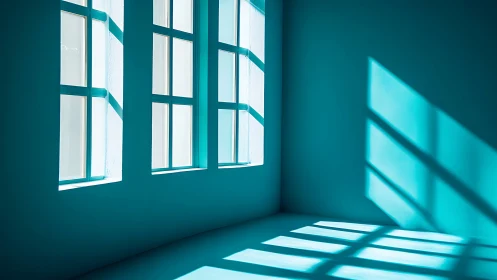 Sunlit teal room where soft window shadows gently wander.