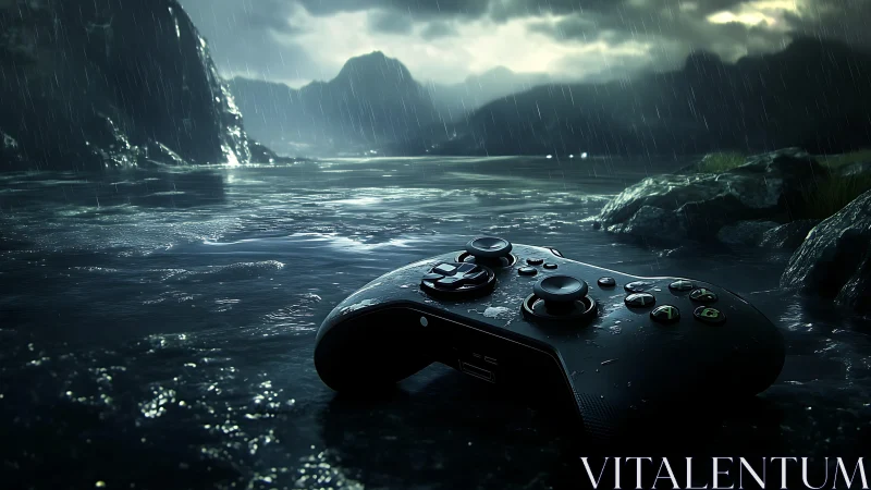 Game controller rests in stormy, hyper-real seascape.