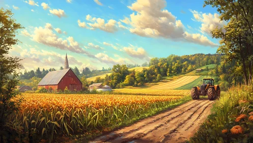 High-detail rural landscape with red barn, cornfield and tractor