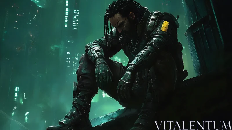 Solitary cyberpunk operative in rain-soaked neon megacity night