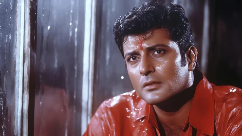 Close-up portrait under rain with specular highlights and moist skin