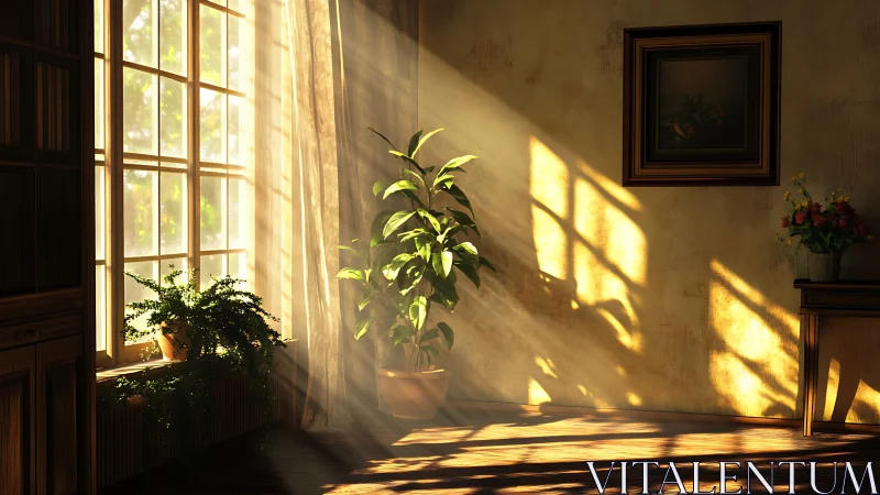 Sunlit interior with houseplants and warm wall shadows.