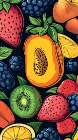 Juicy tropical fruit medley bursting over midnight blue.