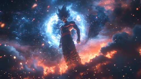 Celestial warrior silhouette amid blue vortex and fiery nebula