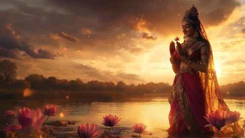 Sunrise goddess in lotus lake, draped in luminous devotion.