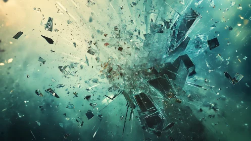 Shattered glass fragments suspended in teal abstract space.