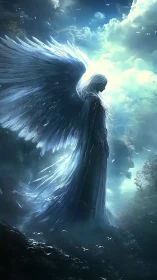 Celestial winged figure in luminous stormlit forest atmosphere.