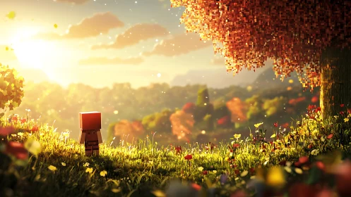 Tiny voxel wanderer greets a golden sunrise over pixel woods