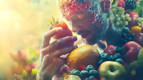 Man surrounded by colorful fruit in dreamy soft light.