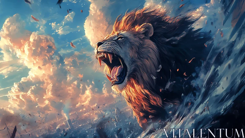 Roaring lion erupts above stormy city in blazing twilight