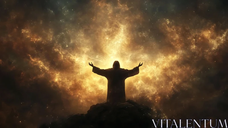 Cosmic prophet crowned in starfire at the universe’s dawn.